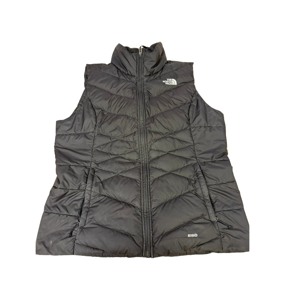 The North Face Women 550‎ Down Vest Black Chevron Quilted Puffer Full Zip Large